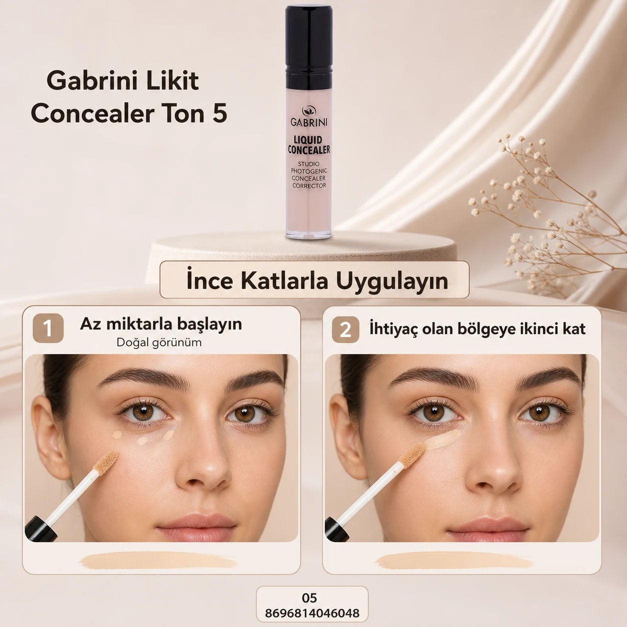 Gabrini Likit Concealer Ton 5 ince katlarla doğal görünümlü uygulama