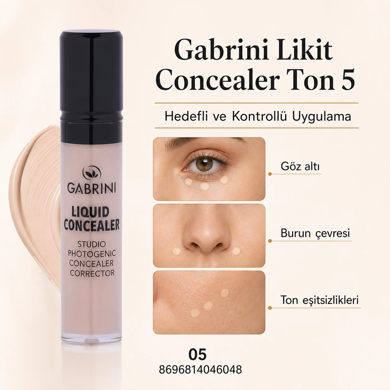 Gabrini Likit Concealer Ton 5 hedefli ve kontrollü uygulama bölgeleri