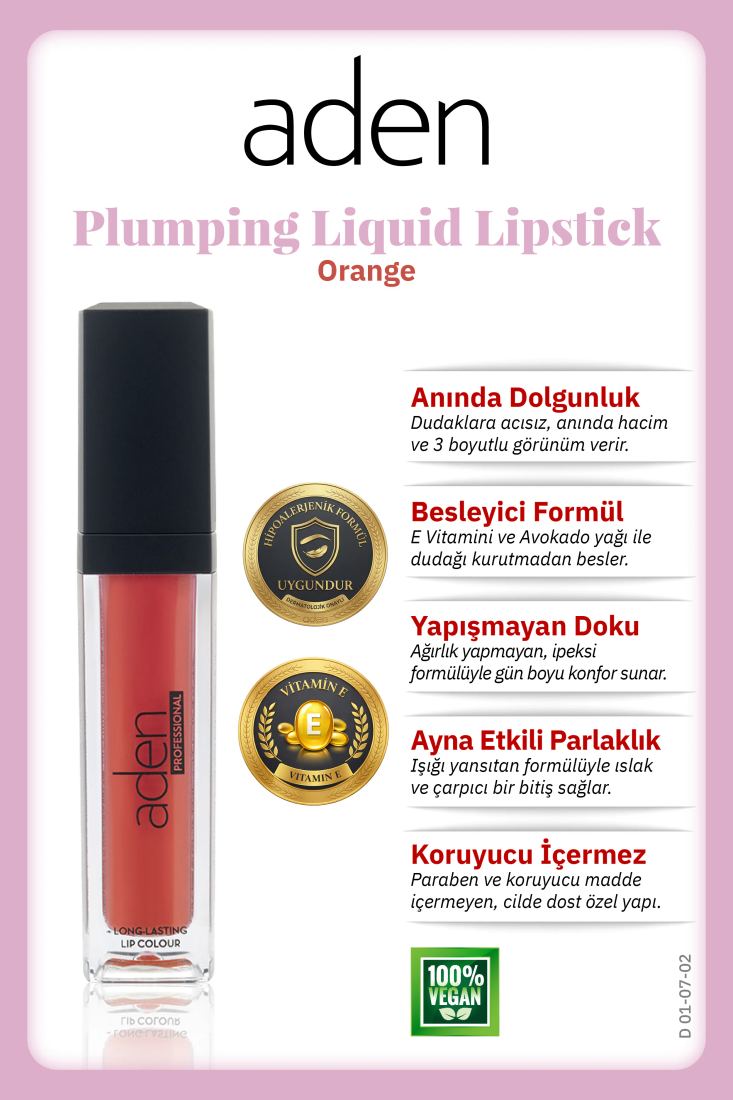 Aden Plumping Liquid Lipstick - Dolgunlaştırıcı Likit Ruj 02 Orange (Turuncu)