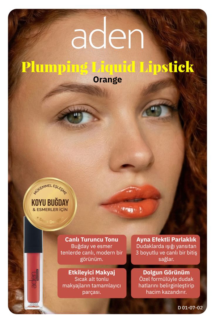 Aden Plumping Liquid Lipstick - Dolgunlaştırıcı Likit Ruj 02 Orange (Turuncu)