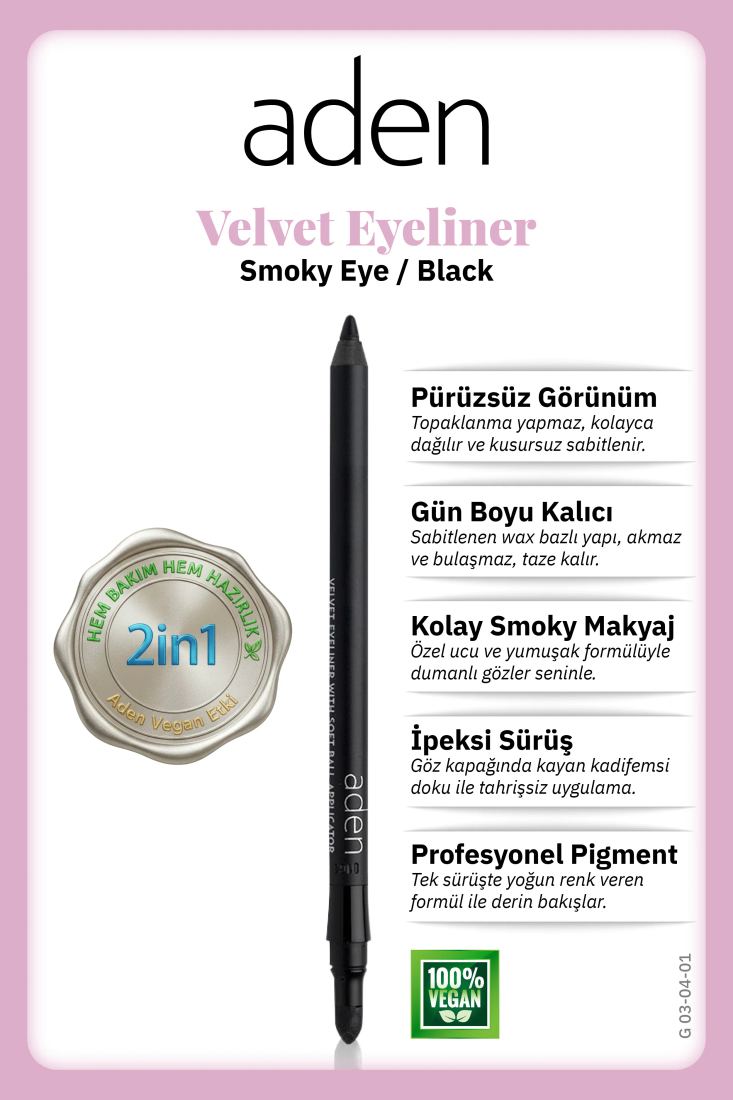 Aden Smoky Eyes Velvet Eyeliner - Kadife Eyeliner 01 Black (Siyah)