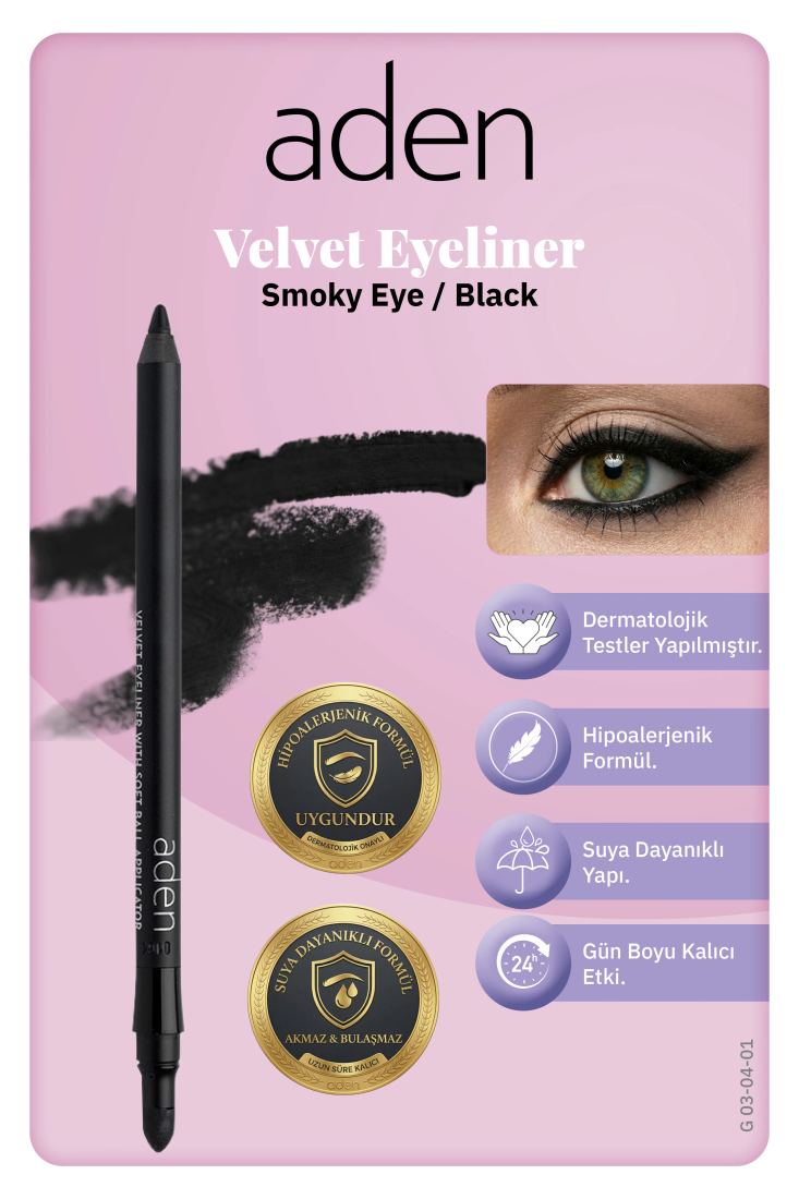 Aden Smoky Eyes Velvet Eyeliner - Kadife Eyeliner 01 Black (Siyah)