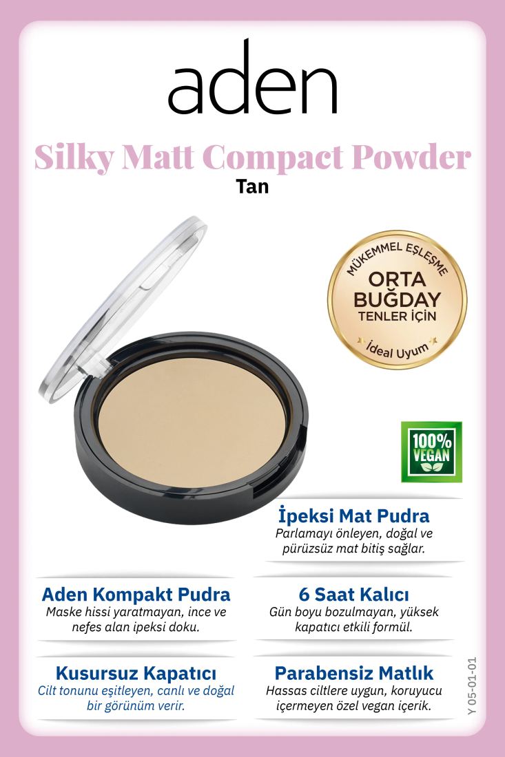 Aden Silky Matt Compact Powder - İpeksi Mat Pudra 01 Tan (Bronz)