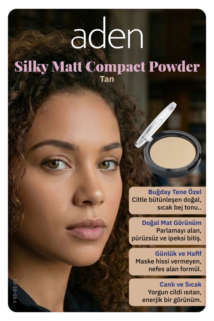 Aden Silky Matt Compact Powder - İpeksi Mat Pudra 01 Tan (Bronz)