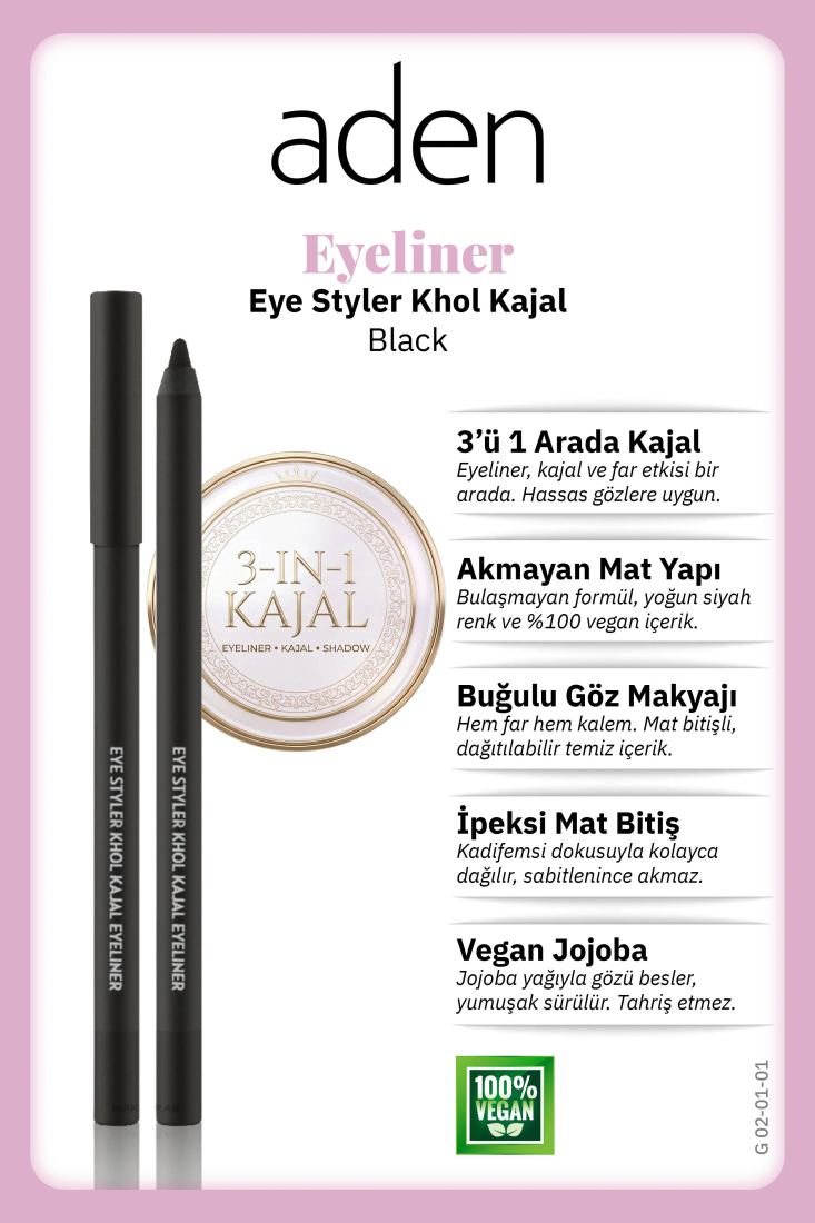 Aden Eyeliner Eye Styler Khol Kajal - Kajal Eyeliner 01 Black (Siyah)