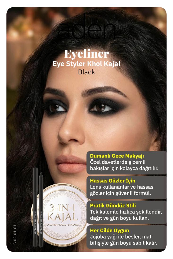 Aden Eyeliner Eye Styler Khol Kajal - Kajal Eyeliner 01 Black (Siyah)