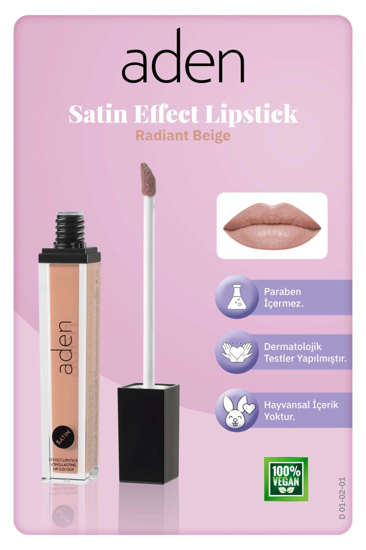 Aden Satin Effect Lipstick - Saten Etkili Likit Ruj 01 Radiant Beige (Işıltılı Bej)