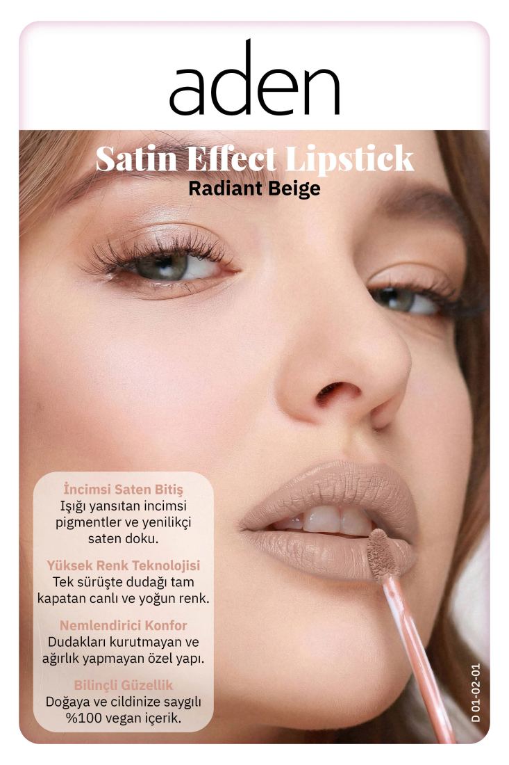 Aden Satin Effect Lipstick - Saten Etkili Likit Ruj 01 Radiant Beige (Işıltılı Bej)