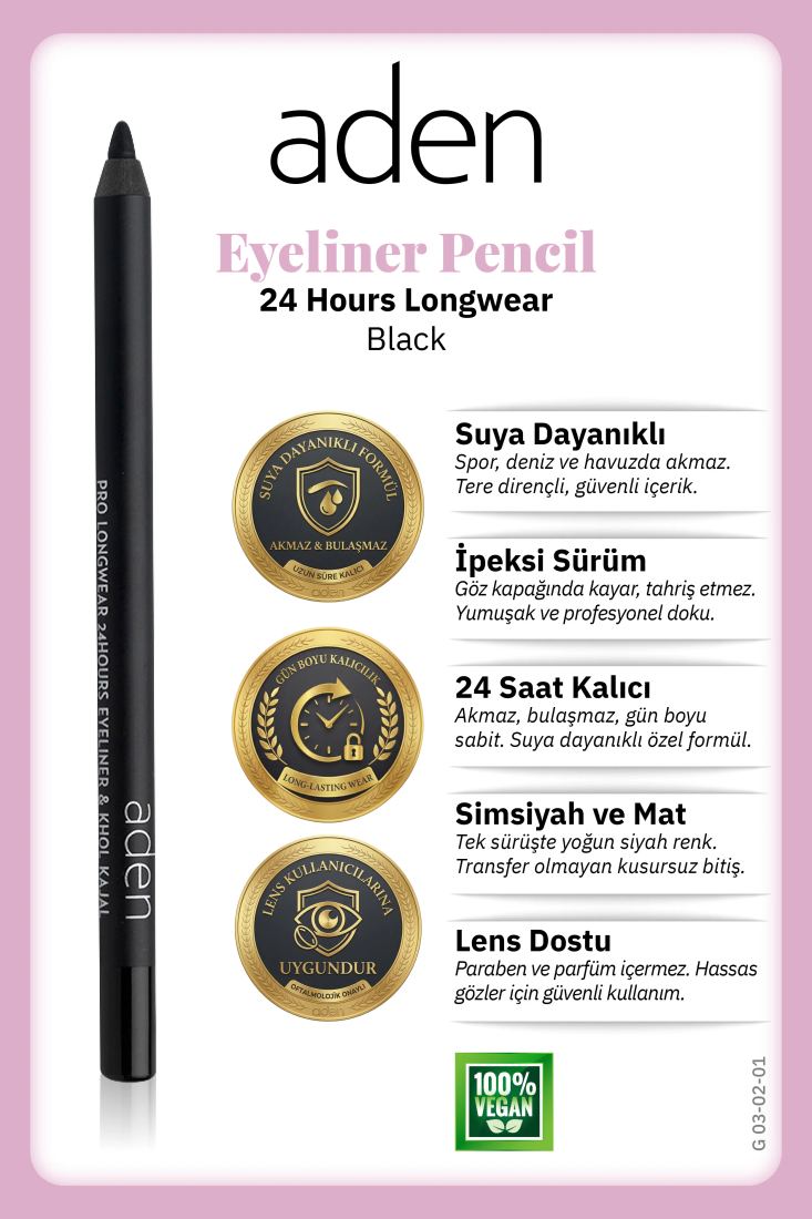 Aden Eyeliner Pencil 24 Hours Longwear - 24 Saat Kalıcı Eyeliner Kalem Black (Siyah) Standart