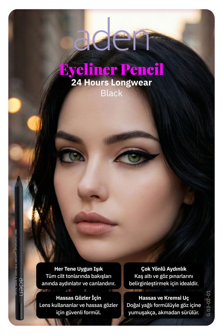 Aden Eyeliner Pencil 24 Hours Longwear - 24 Saat Kalıcı Eyeliner Kalem Black (Siyah) Standart