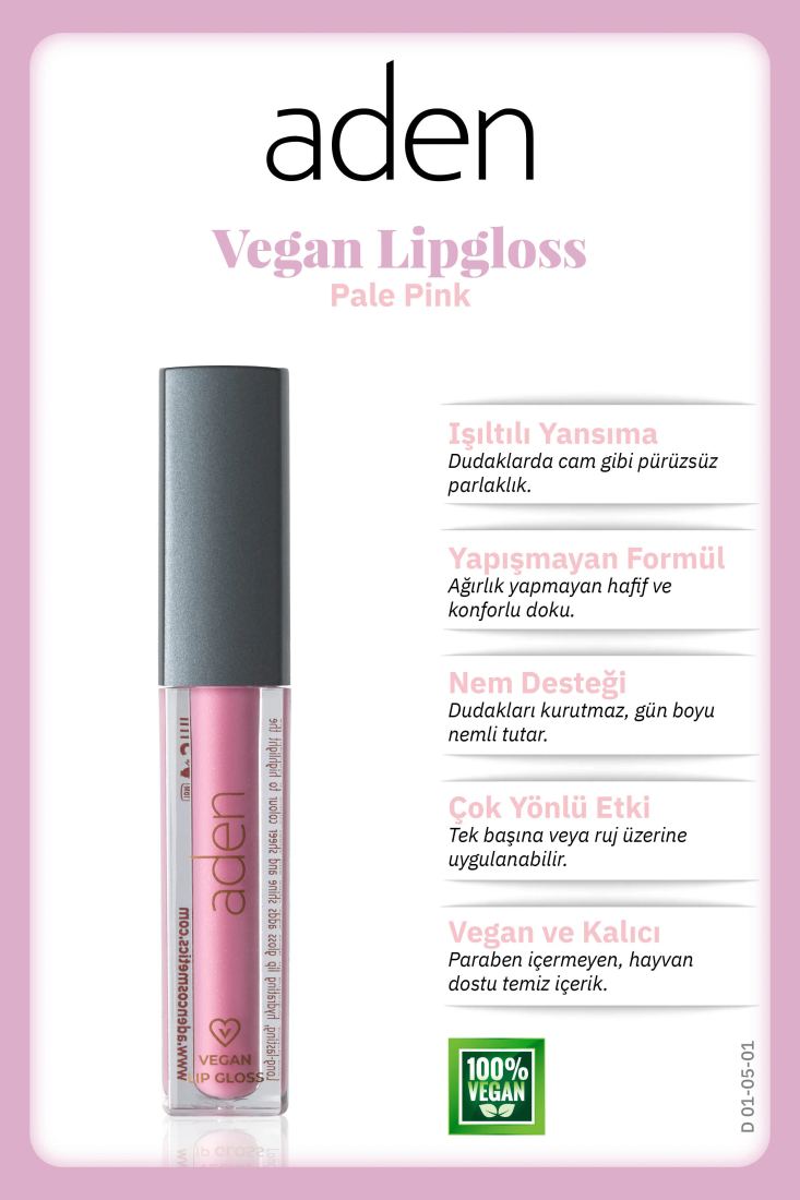 Aden Vegan Lipgloss - Vegan Dudak Parlatıcısı 01 Pale Pink (Soluk Pembe)