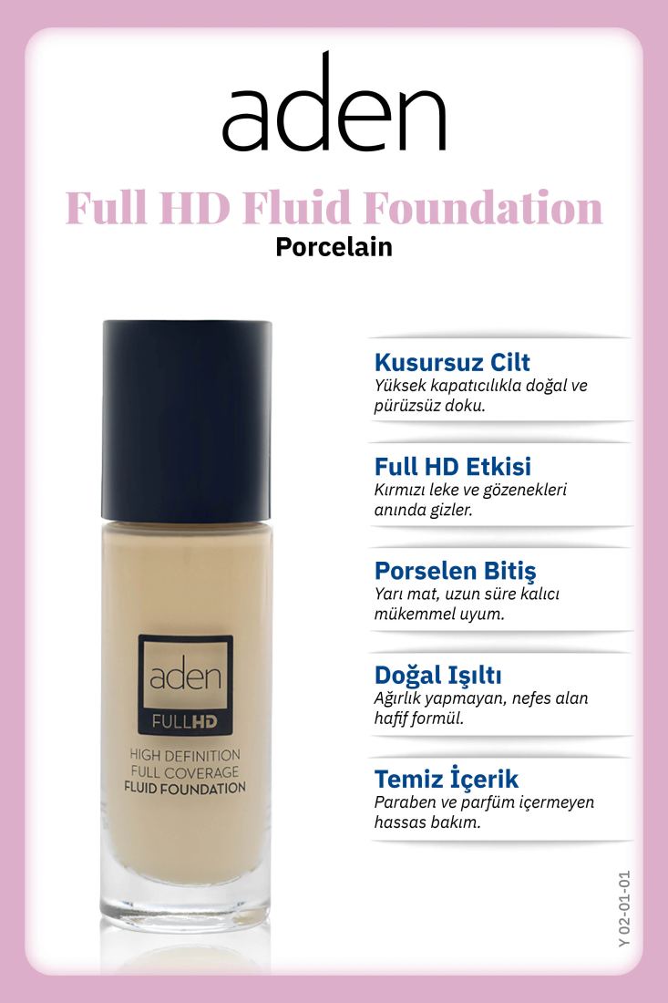 Aden Full Hd Likit Fondöten 20 Ml 01 Porcelain (Porselen)