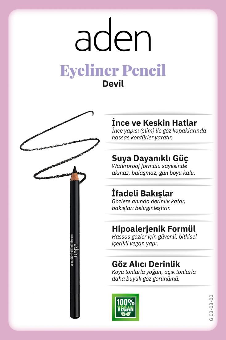 Aden Eyeliner Pencil Waterproof - Suya Dayanıklı Eyeliner Kalem 00 Devil (Siyah)
