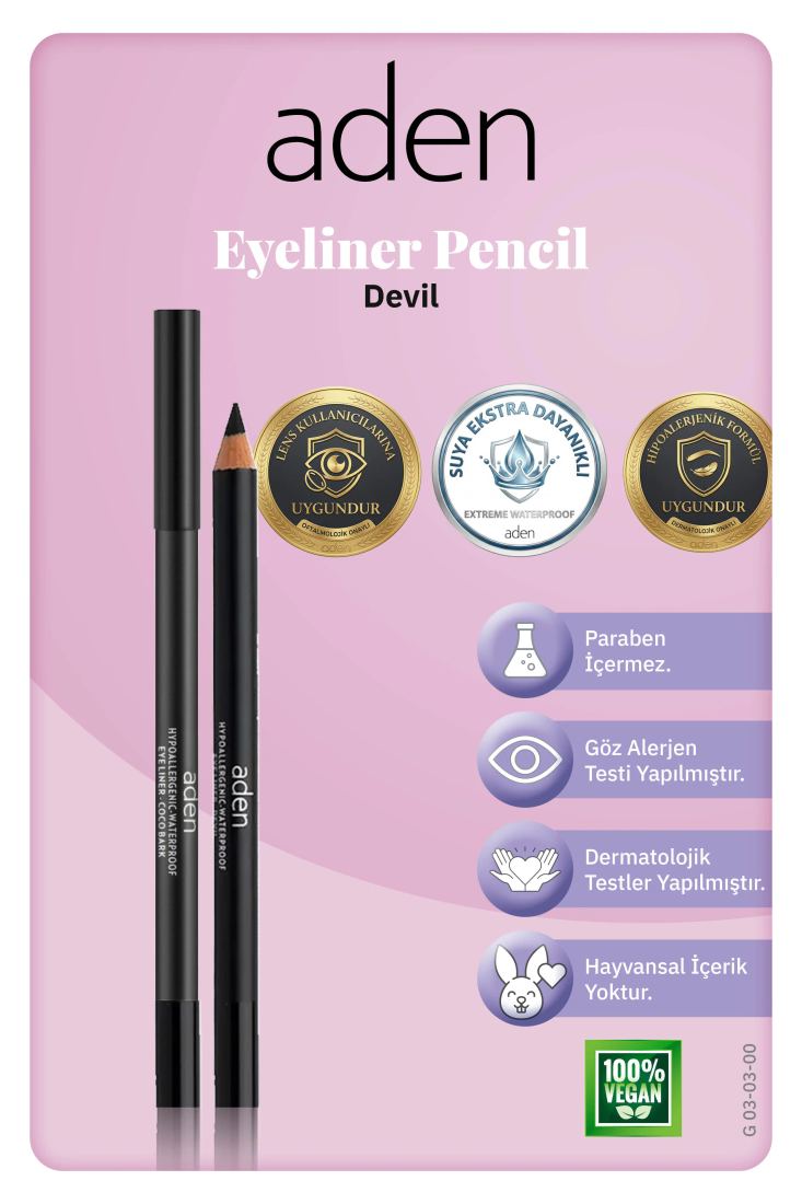 Aden Eyeliner Pencil Waterproof - Suya Dayanıklı Eyeliner Kalem 00 Devil (Siyah)