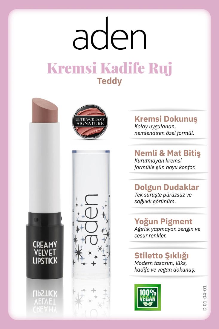 Aden Creamy Velvet Lipstick - Kremsi Kadife Ruj 01 Teddy (Sütlü Kahve)